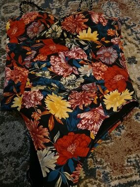 4/$25 Deal! Black Floral One-Piece Swimsuit with Red, Yellow & Blue Flowers
